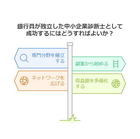 ✅ 専門分野を確立する → 融資・財務支援、補助金支援、経営戦略などの強みを持つ
✅ 副業から始めて実績を作る → いきなり独立せず、副業でコンサル業務を経験する
✅ 人脈・ネットワークを広げる → 銀行員時代の顧客や経営者との関係を活かす
✅ 複数の収益源を確保する → コンサルだけでなく、講師業や執筆も取り入れる